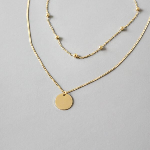 Gold Disk Necklace, Double Chain Layer, Gold Vermeil Necklace, Gold Coin Necklace, Multi Layer Necklace, Bead Chain, Necklace for Women - Image 2