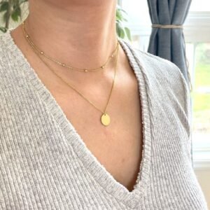 Gold Disk Necklace, Double Chain Layer, Gold Vermeil Necklace, Gold Coin Necklace, Multi Layer Necklace, Bead Chain, Necklace for Women