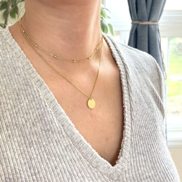 Gold Disk Necklace, Double Chain Layer, Gold Vermeil Necklace, Gold Coin Necklace, Multi Layer Necklace, Bead Chain, Necklace for Women