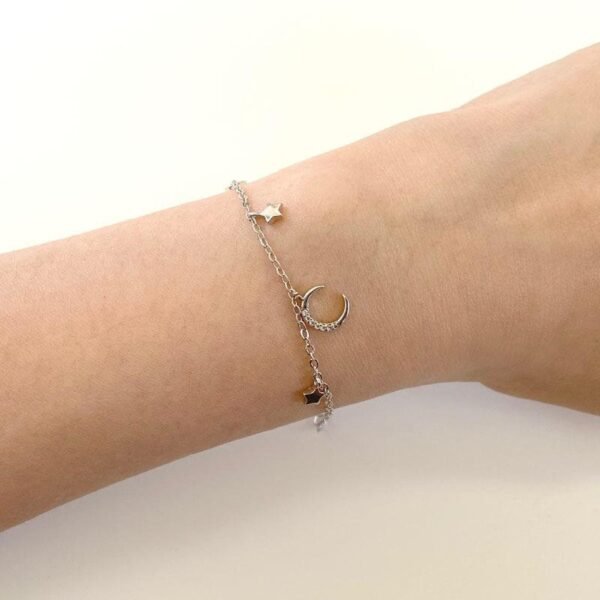 Crescent Bracelet, Moon and Stars Bracelet, Celestial Bracelet, 925 Sterling Silver, Dainty Silver Charm Bracelet, CZ Pave Dangle Bracelet - Image 3
