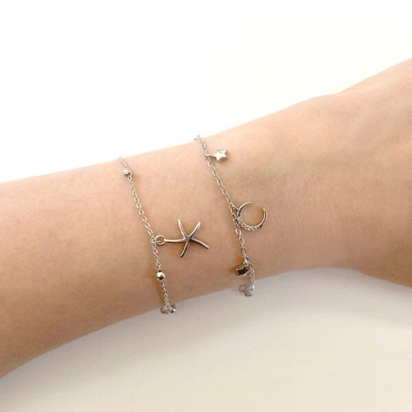 Crescent Bracelet, Moon and Stars Bracelet, Celestial Bracelet, 925 Sterling Silver, Dainty Silver Charm Bracelet, CZ Pave Dangle Bracelet - Image 4