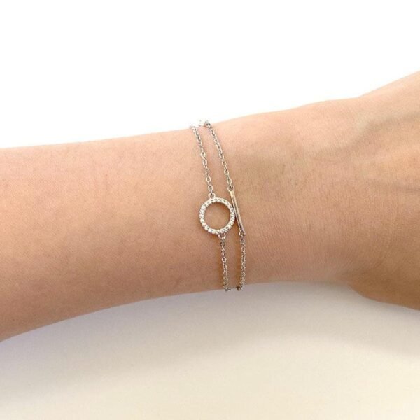 Dainty Silver Bracelet, Double Layer Circle Bracelet, Round Crystal Bracelet, Multi Strand Silver Bracelet, CZ Halo Bracelet, Karma Bracelet - Image 6