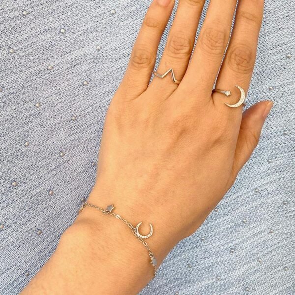 Moon and Star Ring, Silver Crescent Ring, Silver Star Ring, Minimalist Ring, Adjustable Ring, Celestial Jewelry, CZ Pave Ring, Gift For Her - Image 2
