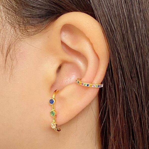Rainbow Cuff Earrings, Colorful CZ Hoop, Gold Ear Cuff, Multicolor CZ Conch Jewelry, Dainty Cartilage Cuff, Crystal Ear Cuff, Midi Ear Cuff - Image 2