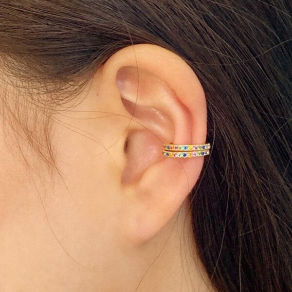 Rainbow Cuff Earrings, Colorful CZ Hoop, Gold Ear Cuff, Multicolor CZ Conch Jewelry, Dainty Cartilage Cuff, Crystal Ear Cuff, Midi Ear Cuff - Image 4