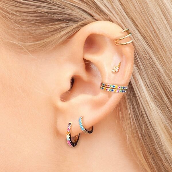 Rainbow Cuff Earrings, Colorful CZ Hoop, Gold Ear Cuff, Multicolor CZ Conch Jewelry, Dainty Cartilage Cuff, Crystal Ear Cuff, Midi Ear Cuff - Image 5