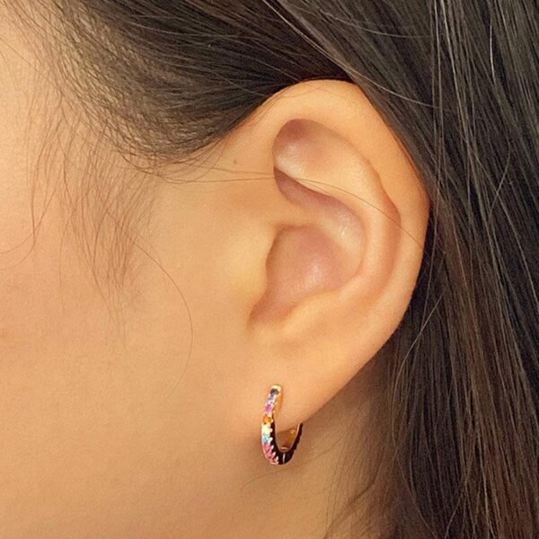 Rainbow Huggie Hoop Earrings, Colorful Gemstone Earrings, CZ Pave Rainbow Color Hoops, Multi-Color Crystal Huggie Hoops, 18K Gold Vermeil - Image 6
