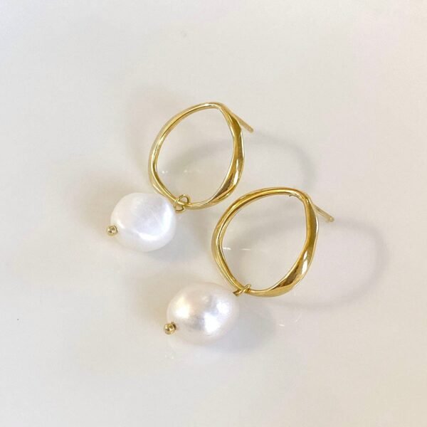 Large Pearl Hoop Earrings, Freshwater Pearl Drop Earrings, Pearl Gold Hoop Studs, Natural Pearl Hoops, 18K Gold Vermeil Earrings for Women - Image 4