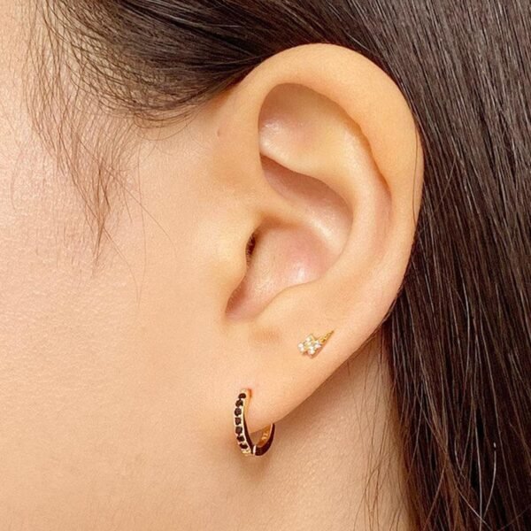 Black Crystal Earrings, Black CZ Huggie Hoop Earrings, Black Dainty Earrings, Small Pave Hoops, Black Gemstone Earrings, 18K Gold Vermeil - Image 2