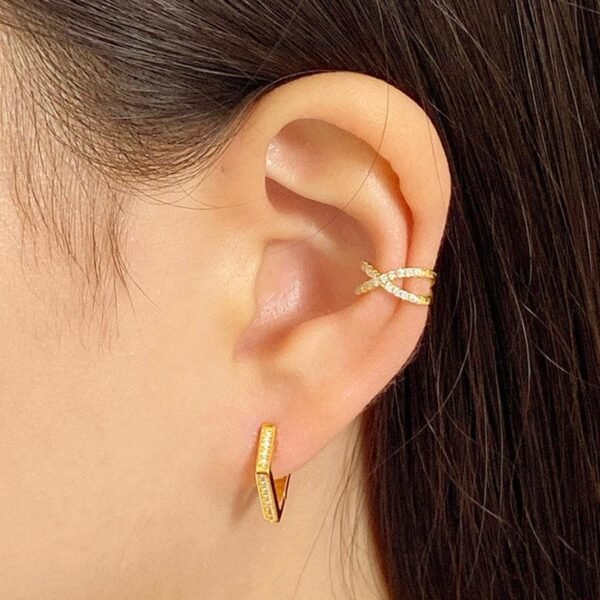 Dainty Gold Hoop Earrings, Minimalist Earrings, Geometric Hoops, Pentagon Huggies, Gold Vermeil Hoops with CZ Crystals, Small Diamond Hoops - Image 4