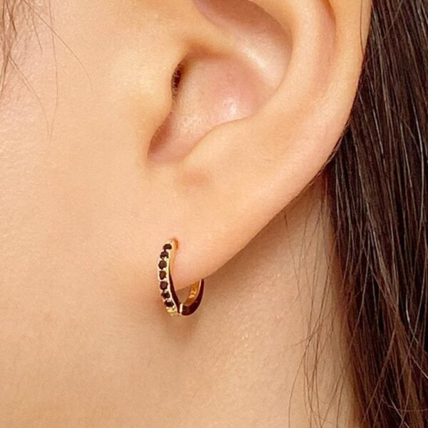 Black Crystal Earrings, Black CZ Huggie Hoop Earrings, Black Dainty Earrings, Small Pave Hoops, Black Gemstone Earrings, 18K Gold Vermeil - Image 5