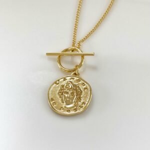 18K Gold Medallion Pendant Necklace, Paris Gold Coin Pendant, Wanderlust, Long Twist Chain, Dainty Disk Necklace, Delicate Layered Necklace