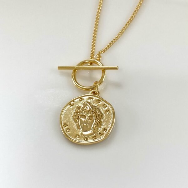 18K Gold Medallion Pendant Necklace, Paris Gold Coin Pendant, Wanderlust, Long Twist Chain, Dainty Disk Necklace, Delicate Layered Necklace