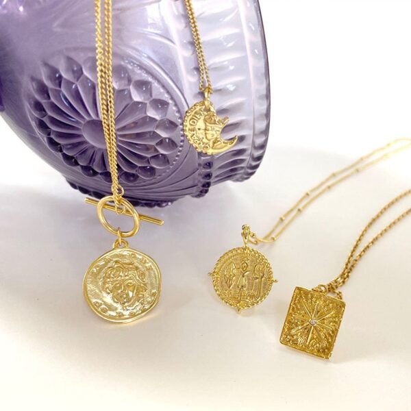 18K Gold Medallion Pendant Necklace, Paris Gold Coin Pendant, Wanderlust, Long Twist Chain, Dainty Disk Necklace, Delicate Layered Necklace - Image 5