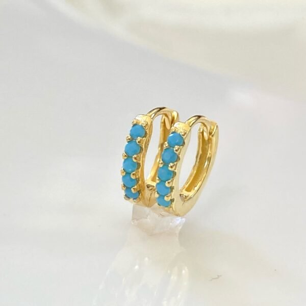 Turquoise Huggies, Truquoise Hoops, December Birthstone, Christmas Gift, Genuine Turquoise Gemstone Earrings, Dainty Gold Vermeil Hoops - Image 2