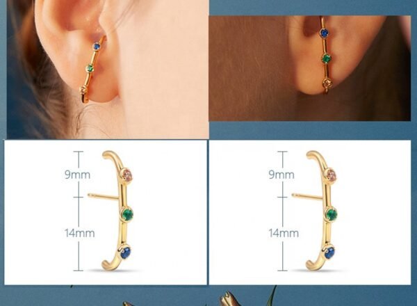 Multi-Color Suspender Earrings, Gold Ear Climbers, Colorful CZ Ear Lobe Earrings, Dainty Gold Bar Studs, 3 Color Stone Earrings For Women - Image 3