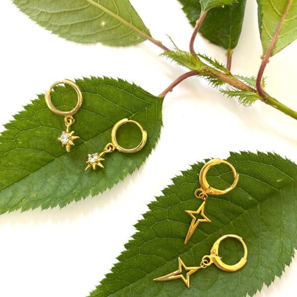 Starburst Earrings, Star Huggie Hoops, Small Gold Vermeil Hoops, Star Charm Earrings, Dainty Gold Huggies, Dangling CZ Star Earrings, Gift - Image 2