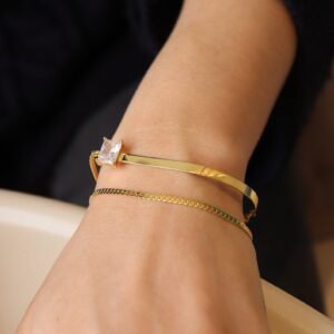Double Chain CZ Bracelet, Gold Vermeil Bracelet, Single Diamond Bracelet, Crystal Baguette Bracelet, Double Layered Bracelet, Gift For Her