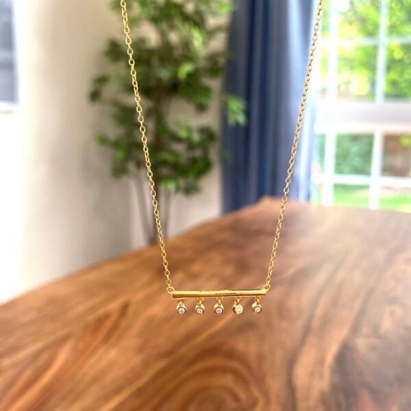 Dainty Bar Charm Necklace, Minimalist Necklace, 18K Gold Vermeil, Tiny Bar with Dangling CZ Gemstones, Thin Gold Necklace, Trapeze Necklace - Image 4