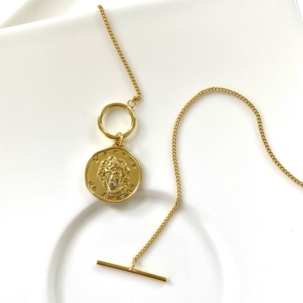 18K Gold Medallion Pendant Necklace, Paris Gold Coin Pendant, Wanderlust, Long Twist Chain, Dainty Disk Necklace, Delicate Layered Necklace - Image 2