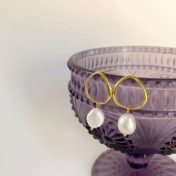 Large Pearl Hoop Earrings, Freshwater Pearl Drop Earrings, Pearl Gold Hoop Studs, Natural Pearl Hoops, 18K Gold Vermeil Earrings for Women - Image 2