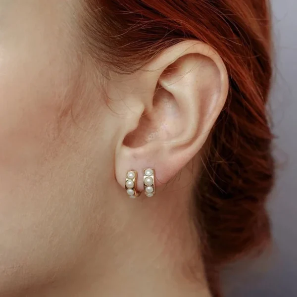 Gold Pearl Earrings, Natural Pearl Hoops, Dainty Pearl Huggie Hoop Earrings, Small White Pearl Hoops, Gold Vermeil Earrings, Bridal Earrings - Image 2