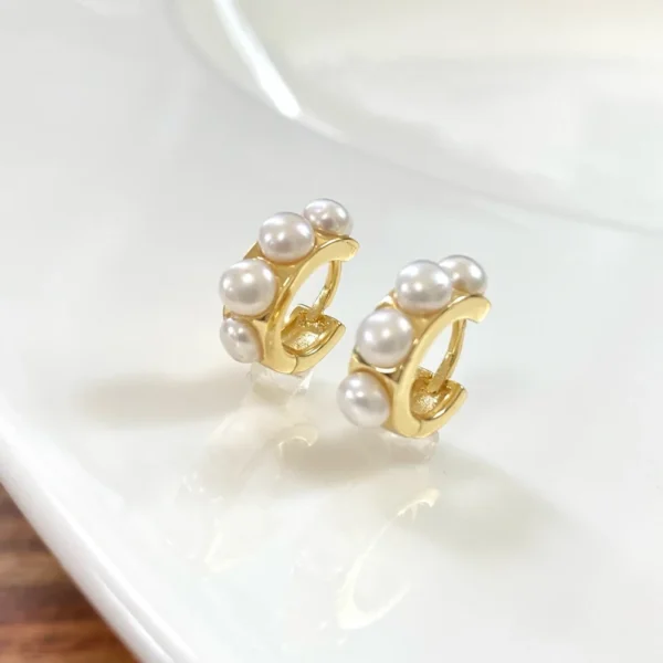 Gold Pearl Earrings, Natural Pearl Hoops, Dainty Pearl Huggie Hoop Earrings, Small White Pearl Hoops, Gold Vermeil Earrings, Bridal Earrings - Image 4