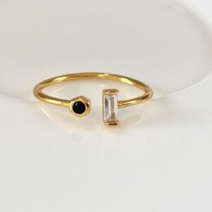 Dainty Baguette & Round CZ Open Ring, Tiny Black White CZ Ring, Open Gemstone Ring, Adjustable Ring, Small Crystal Cuff Ring, Stacking Ring