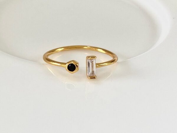 Dainty Baguette & Round CZ Open Ring, Tiny Black White CZ Ring, Open Gemstone Ring, Adjustable Ring, Small Crystal Cuff Ring, Stacking Ring