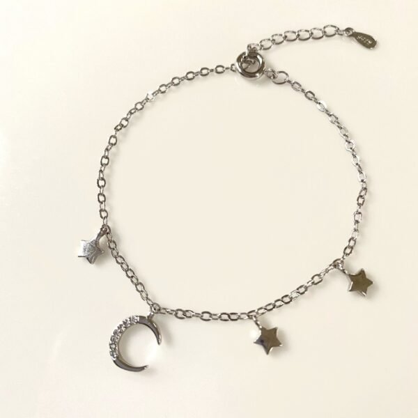 Crescent Bracelet, Moon and Stars Bracelet, Celestial Bracelet, 925 Sterling Silver, Dainty Silver Charm Bracelet, CZ Pave Dangle Bracelet - Image 2