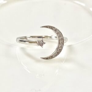 Moon and Star Ring, Silver Crescent Ring, Silver Star Ring, Minimalist Ring, Adjustable Ring, Celestial Jewelry, CZ Pave Ring, Gift For Her