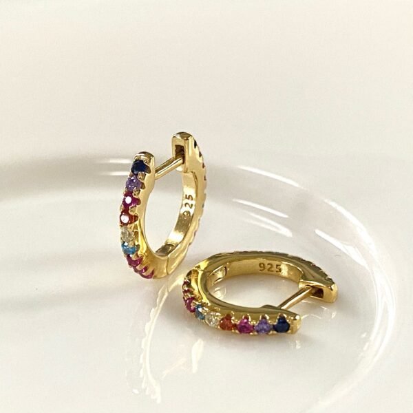 Rainbow Huggie Hoop Earrings, Colorful Gemstone Earrings, CZ Pave Rainbow Color Hoops, Multi-Color Crystal Huggie Hoops, 18K Gold Vermeil - Image 3