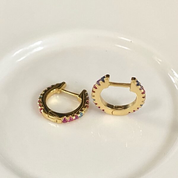 Rainbow Huggie Hoop Earrings, Colorful Gemstone Earrings, CZ Pave Rainbow Color Hoops, Multi-Color Crystal Huggie Hoops, 18K Gold Vermeil - Image 2