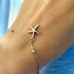 Starfish Bracelet, Silver Sea Star Bracelet, Starfish Anklet, 925 Sterling Silver, Silver Beaded Chain, Dainty Silver Charm Bracelet, Gift