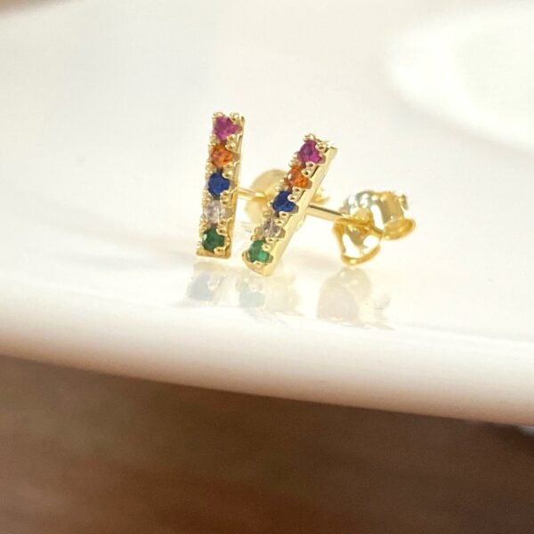 Rainbow Bar Stud Earrings, Dainty Multicolor CZ Studs, Cute Stud Earrings, Tiny Colored Studs, Colorful Gemstone Earrings, Petite Bar Studs - Image 2
