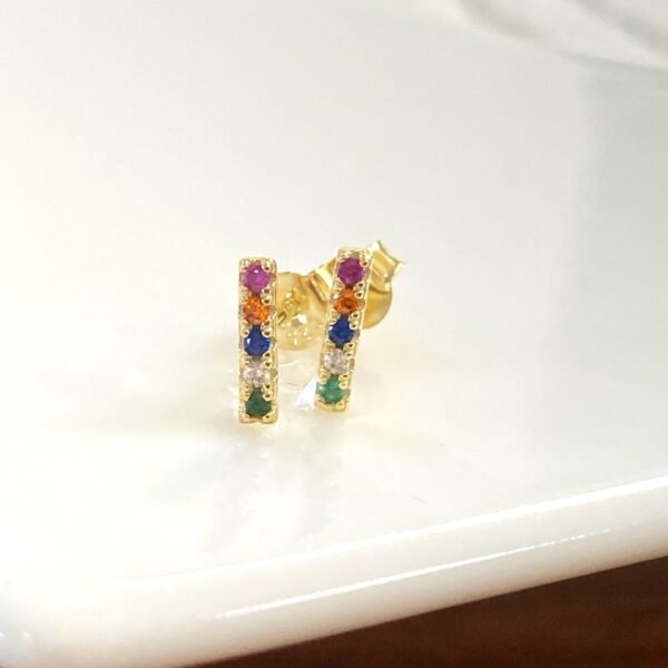 Rainbow Bar Stud Earrings, Dainty Multicolor CZ Studs, Cute Stud Earrings, Tiny Colored Studs, Colorful Gemstone Earrings, Petite Bar Studs - Image 3