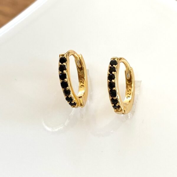 Black Crystal Earrings, Black CZ Huggie Hoop Earrings, Black Dainty Earrings, Small Pave Hoops, Black Gemstone Earrings, 18K Gold Vermeil - Image 6