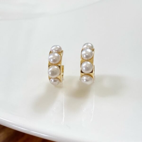 Gold Pearl Earrings, Natural Pearl Hoops, Dainty Pearl Huggie Hoop Earrings, Small White Pearl Hoops, Gold Vermeil Earrings, Bridal Earrings - Image 3